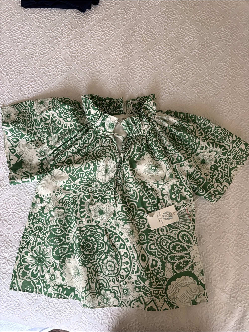 Green and White Floral Peasant Top